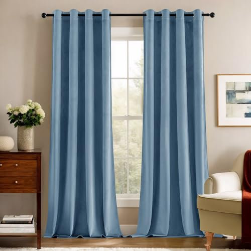 Deconovo Blickdichte Gardinen Vorhänge Blickdicht Gardine Samt Schlafzimmer Vorhang Wärmeisolierende, 245x140 cm(HöhexBreite), Blaugrau, 2er Set