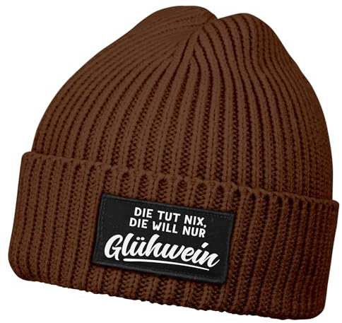 MoonWorks® Damen Beanie mit Patch Strickmütze mit Spruch Die TUT nix, die Will nur Glühwein Aufdruck Lustig Damenmütze
