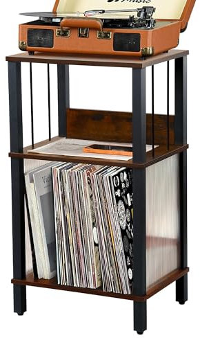 DGSANDGO Soporte para tocadiscos, mesa auxiliar de 3 niveles con soporte para discos de vinilo, estante de hasta 100 álbumes, mesa de tocadiscos de mediados de siglo, para sala de estar, oficina