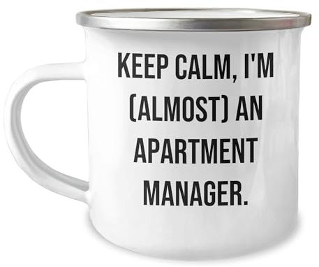 Taza de camping de acero inoxidable de 355 ml con texto en inglés «Keep Calm I'm (almost) An Apartment Manager», regalo único para hombres, mujeres, amigos, compañeros de trabajo, familia, con texto