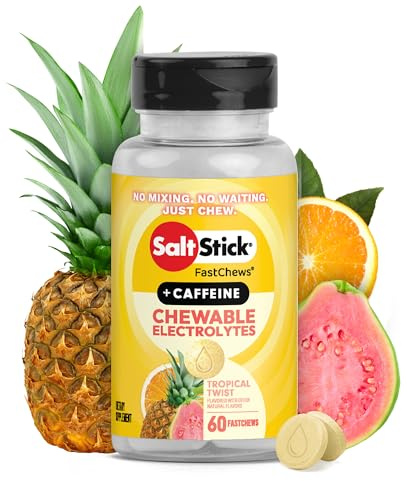 SaltStick Chewable Electrolytes with Caffeine - 60 Tropical Twist Electrolyte Energy Tablets - Just Chew It, Electrolyte Energy Chews for Hydration - 60 Count