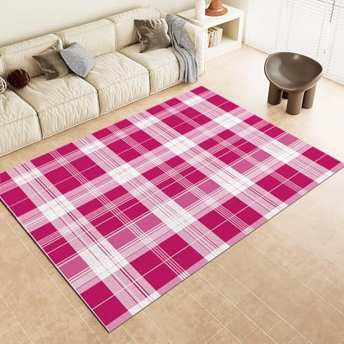 Tapis d'intérieur imprimé 3D rose 100 x 150 cm – Motif damier bloc de couleurs pour salon, chambre à coucher et chambre d'enfant – Tapis élégant et doux