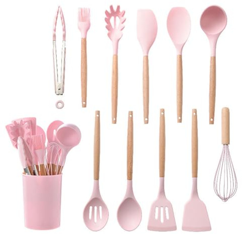 Kitchen Utensil Set, 12Pcs Silicone Cooking Utensils Set with Wooden Handle,Heat Resistant Turner Spatula Tongs Whisk Kitchen Gadgets Set, Dishwasher Safe, Best Kitchen Tools Pink
