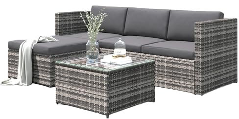 3-teiliges Polyrattan Lounge Gartenmöbel Set mit Ecksofa, Hocker und Couchtisch mit gehärteter Glasplatte, wetterfestes Balkonmöbel-Set mit abnehmbaren Kissenbezügen und robustem Stahlrahmen (Grau)