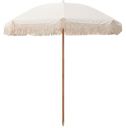 Parasol De Jardin 2 M, Parapluie À Pompons, Portable, Avec Mât En Bois, Protection Uv, Pour Table D'Extérieur, À Franges