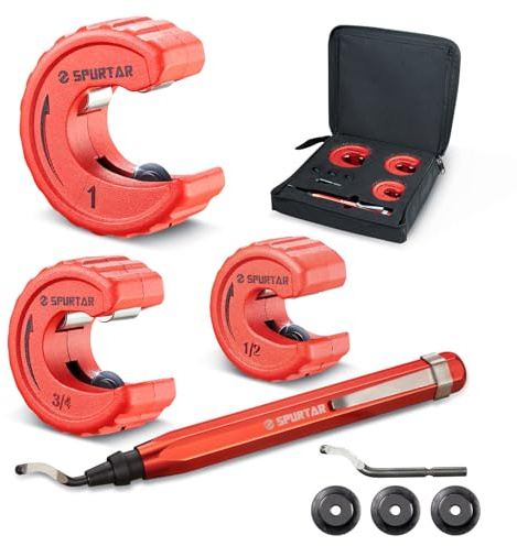 Spurtar 4pcs Pipe Cutter Tool Set 3pcs Copper Tubing Cutter 1/2 3/4 1 and 1pc Deburring Tool for Copper, Brass, Aluminum, CPVC Pipe, for Plumbing, HVAC Work, Automotive Repairs, DIY Projects