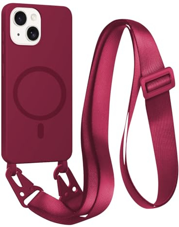 FMPCUON Magnétique Coque avec Cordon pour iPhone 12 Mini, [Compatible avec MagSafe] TPU Bumper Silicone Etui Housse avec Cordon Réglable Lanyard Case,Rouge