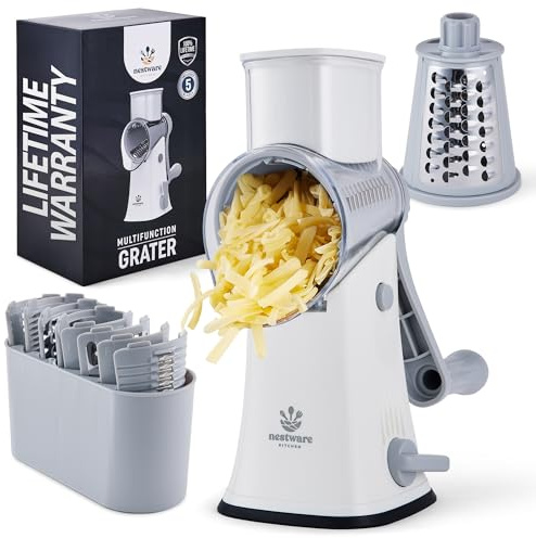 Nestware Kitchen Rotary Cheese Grater 5 Blade Cheese Shredder Reinforced Suction & 5 Interchangeable Drums - Easy to Use, Vegetable Chopper (White)