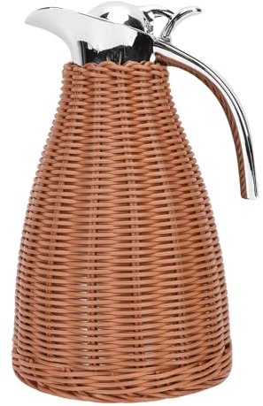 Fockety Pichet isotherme en rotin, carafe à café isotherme en acier inoxydable de 1,5 L avec corps en rotin fait main, carafe à triple paroi isolée pour liquides chauds, pour cafés (BROWN)