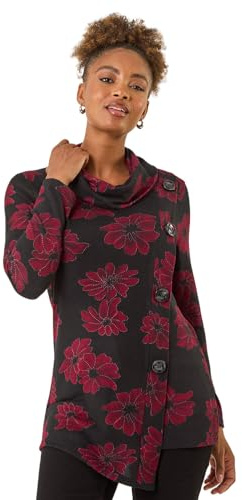 Roman Originals Cowl Neck Buttoned Top for Women UK - Ladies Everyday Autumn Winter Comfy Soft Evening Vacation Work Party Night Out - Red Noir - Size 20