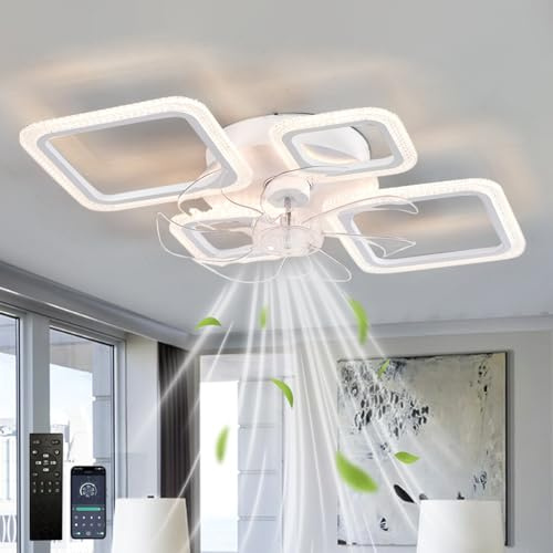 ZOMLBOF Cuadrado Ventiladores de Techo con Luz,Silencioso Reversible de 6 Velocidades con Temporizador para Salones y Cocinas,Lampara con Ventilador LED con Regulable Memoria y APP,blanco4