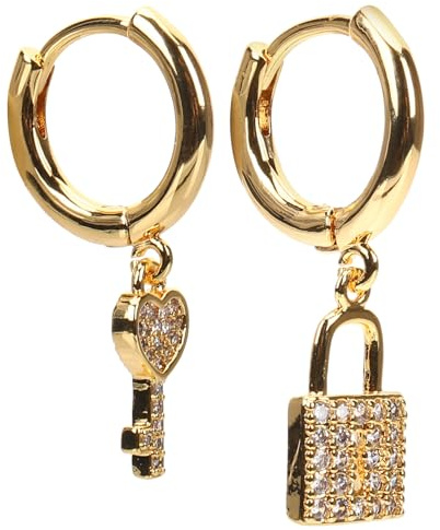 Pendientes Colgantes Dorado Cobre para Mujer de Candado y Llave | 1 Par, Diseño Asimétrico y Circonita, Estilo Llamativo para Banquetes y Fiestas