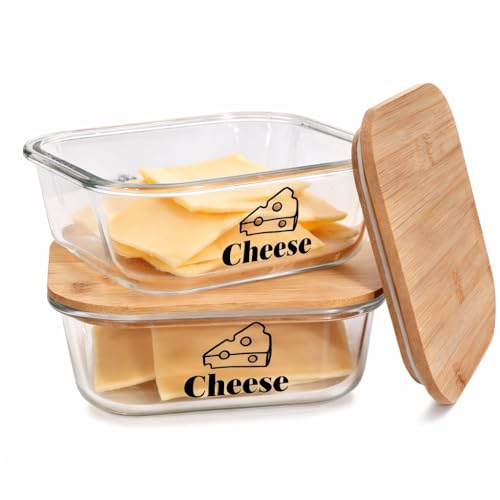 Punorric 2 Pack Cheese Storage for Fridge - Airtight Storage Box, 1.2L Glass Cheese Container with Bamboo Lid, Stackable Fridge Containers, Transparent Glass Jar for Butter/Meats/Fruit/Nut