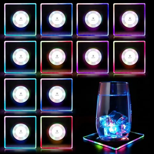 12 Stück Mehrfarbigen LED-Untersetzern, Leuchtende Runde Acryl-Untersetzer, Beleuchtete Gläser und Becher für Getränke mit 7 Farbmodi für Flaschen, Partys, Hochzeiten und Bars (Quadrat)