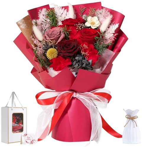 Emibele Ramos Flores Preservadas, Ramo de Rosa Eterna Natural Preservada | Rosas Rojas Eternas Duran 3 A 5 Años, Cumpleaños San Valentin Día Madre Regalos Flores para Ella Mujeres Esposa Mamá Abuela