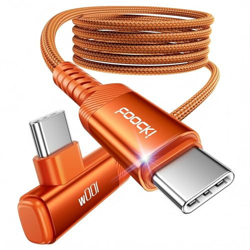 toocki Câble USB-C Charge Rapide 2M 100W, Coudé 90°, Nylon Tressé, Orange | 5A Angle Droit Type-C, Nylon Durable pour iPhone 17/16/15 Pro Max Plus/MacBook Air/Galaxy S25 Ultra/S24, Idéal Maison/Voyage