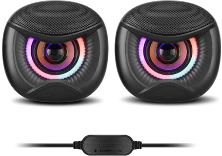 Elimavi Computer Speakers for Desktop, USB-Powered Stereo 2.0 PC Speakers with 3.5mm Aux input Plug-and-Play, Suitable for Monitors, Laptops, Gaming, Desktop Computers, Owl Eye Design, Colorful Lights