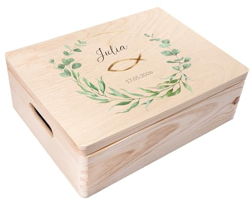 Creative Deco Personalisiert Kommunion Geschenke für Mädchen und Jungen | Holzkiste | Kranz | Individuelle Geschenk Erinnerungsbox | Erstkommunion Deko