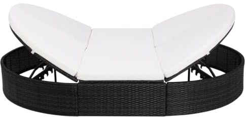 QZZCED Ovale Sonneninsel aus PE-Rattan Schwarz, verstellbare Doppel-Sonnenliege mit 6 Kissen, pulverbeschichteter Stahlrahmen, abnehmbare Polsterbezüge mit Reißverschluss