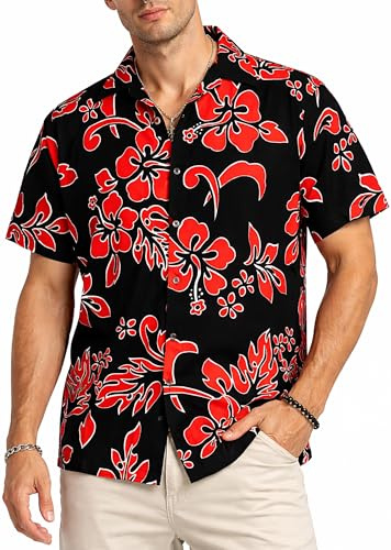 King Kameha Herren Hawaiihemd Kurzarm – Sommer Aloha Shirt mit Hibiskus-Print, leicht und pflegeleicht