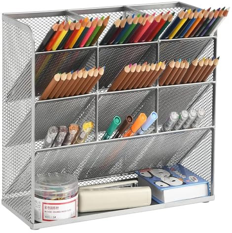 Marbrasse Netz-Schreibtisch-Organizer,Multifunktionaler Stiftehalter,Organizer Schreibtisch,Aufbewahrungs Regal für Schul und Heim Büro Bedarf (Silber)