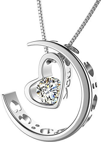 murtoo Women's Necklace Heart Pendant Silver Rose Gold Zirconia I Love You Jewelry Gift Box Moon Necklace for Women Girls (Silver Moon - I you)