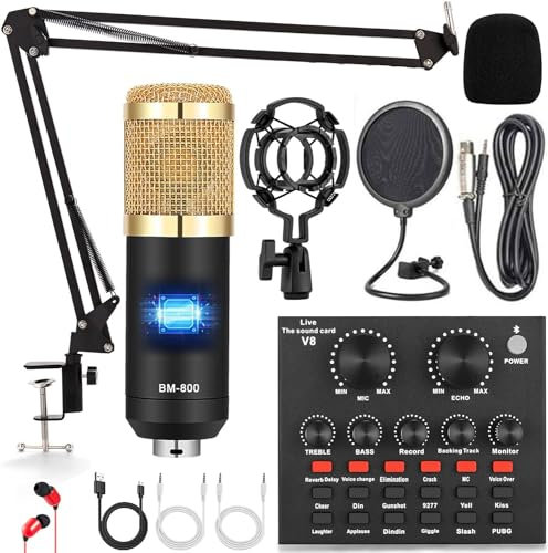 ALPOWL Podcast Mikrofon Bündeln, Audioschnittstelle mit Stimmenverzerrer und BM800-Kondensatormikrofon, Audiomixer, perfekt für Aufnahme, Übertragung, Live-Streaming, YouTube, TikTok (Gold)