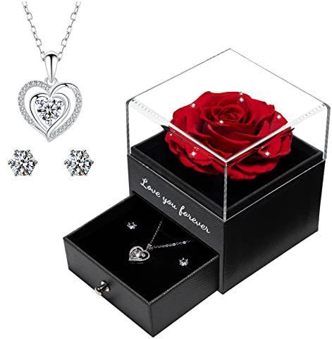 Miofula Preserved Real Rose with Necklace Earrings Christmas Gifts for Her, Handmade I Love You Eternal Rose with Necklace Anniversary Birthday Valentine's Day Gifts for Women Girlfriend Mum