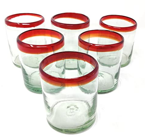 Set di 6 bicchieri in vetro soffiato a mano con bordo rosso (283,5 g ciascuno)