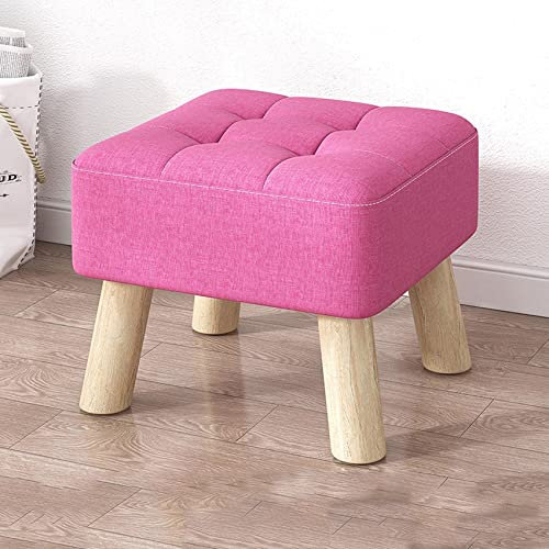 Ottomans Fußhocker Schuhwechsel Hocker Resthocker Leinen Fußhocker mit Holzbein Fußhocker Ottomanen für das Wohnzimmer Hocker für das Schlafzimmer Hocker, Rose rot-30x30x26cm