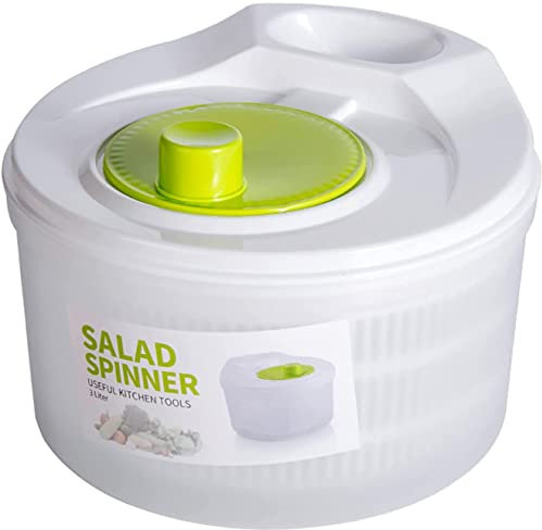 PIQIUQIU Salatschleuder, Salatschleuder mit Kurbel (Ø 20 cm, Fassungsvermögen 3 l, transparent/grün-weiß), auch als Salatschüssel und Sieb verwendbar – spülmaschinenfest