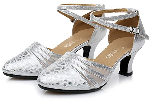 Zapato de Tacón Alto Correa Mujer Zapatos de Baile Latinos Moderno Tango Salsa Tacón Deportivo (Plata, Numeric_36)