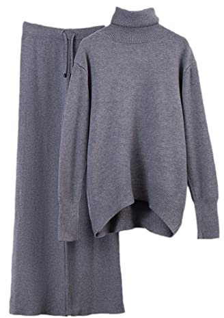 Damen Stricksets Lose Pullover Weite Bein Hose Trainingsanzug Damen Dick Warm 2 Stück Sets Dunkelgrau Einheitsgröße