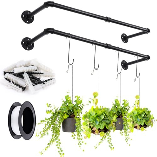 Yoiemivy Juego de 2 Barras Colgantes para macetas con 4 Ganchos, Color Negro, para Colgar en la Pared, Barra Minimalista, Colgador de Plantas de Metal para Ventana, Pared, Techo, Hierbas, jardín