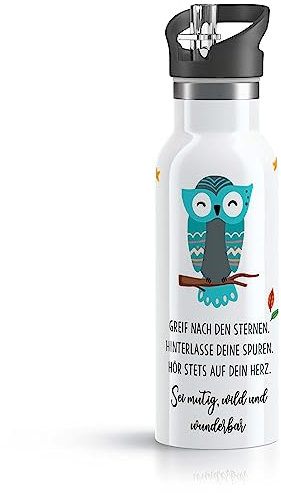 OWLBOOK® Edelstahl Kinder Trinkflasche Mädchen | Wasserflasche mit Strohhalm | 600 ml | Flasche BPA-frei | Spülmaschinenfest | Schule Schulanfang Geschenke zur Einschulung Mädchen | Eule