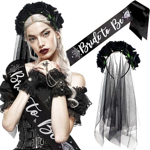 JeVenis Goth Bride to Be Sash Gothic Rose Flower Headband Goth Bachelorette Decoration Bride or Die Bachelorette Party Supplies Gothic Bridal Shower Decoration