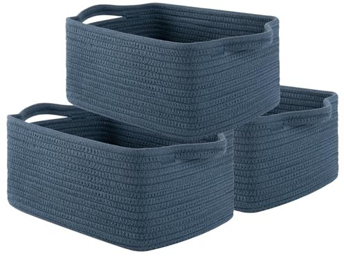 OIAHOMY Cotton Rope Woven Baskets for Storage, Nursery Rectangle Storage Basket with Handles for Shelves, Pack of 3, Blue