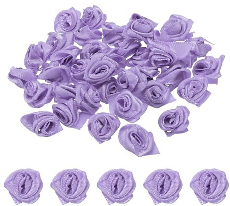 PATIKIL 0.6 50Stk Mini Satin Farbband Rosen Winzige Stoff Blumen Verzierungen Rosetten Applikation für Heimwerken und Hochzeit Lila