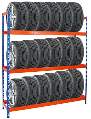 PROREGAL Reifenregal Tiger XL | HxBxT 200x180x45 cm | 300kg Fachlast | bis zu 21 Reifen (205/55 R16) | Blau/Orange | Werkstattregal, Lagerregal, Kellerregal