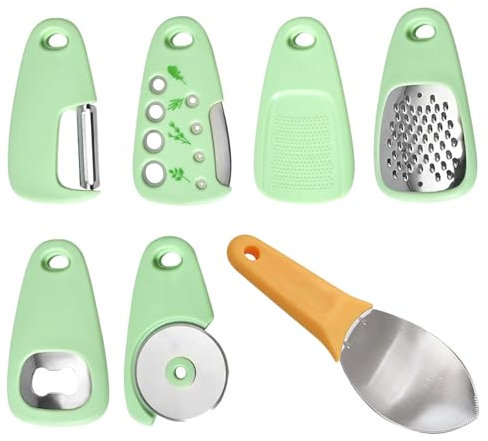 Swavitie Utensilios de cocina portátiles 7 en 1, Rallador de Queso + Abridor de Botellas + Pelador de Frutas y Verduras + Cortador de Pizza + Molinillo de Ajo y Jengibre + Pelador de Hierbas