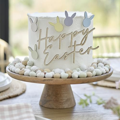 Ginger Ray Osterkuchendekoration „Frohe Ostern“ aus Holz mit 5 ausgeschnittenen Hasenkopfdekorationen