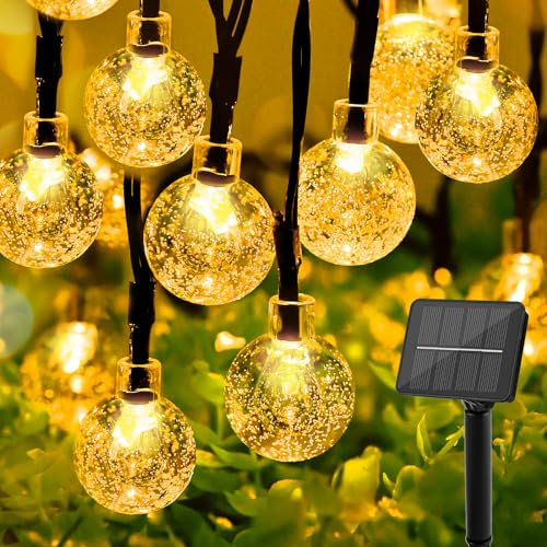 Gcstnn 5M 50LED Solar Lichterkette Aussen, Solar Kristall Kugeln Lichter 8 Modi IP65 Wasserdicht Lichterkette für Hof, Garten, Terrasse, Balkon, Innen/Außen Dekorationen(Warmweiß)