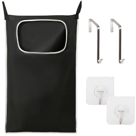 Hanging Laundry Hamper, Hanging Laundry Hamper with Stainless Steel Hooks and Adhesive Hooks, Space Saving Hanging Laundry Hamper Bag and Bathroom Over The Door Hamper(80 x 49 CM) (Black)