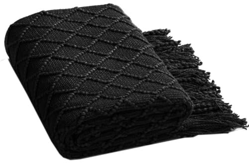 Blausky 1 Stück Kuscheldecke,Quaste Decke,Sofaüberwurf,Sofadecke,Stricken Sofa überwurfdecke,Schlafdecke,Tagesdecke,Couchdecke mit Fransen,Mehrzweck-Tagesdecke,Couch Blanket,Schwarz,125x182cm
