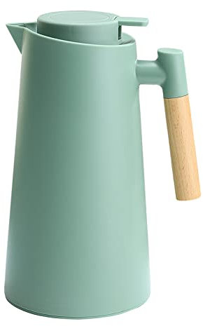 Pichet Isotherme Thermos Sous Vide Isolé, Carafe à Café Thermique Pour Le Thé Café Chaud Et Froid, Avec Simple Bouton Poussoir De Sécurité, Manche En Bois, Pour Hôtel Bureau Domicile (Vert,1L)