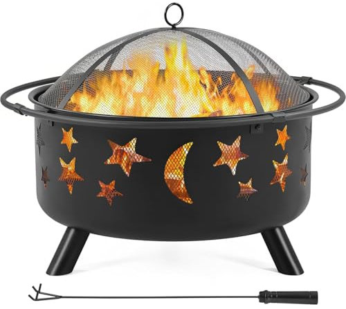 Feuerschale Große Feuerstelle mit Funkenschutz, Schürhaken und Runder Abdeckung Feuerkorb mit Grillrost BBQ Feuerstelle Outdoor für Terrasse, Hinterhof, Picknick, Garten,