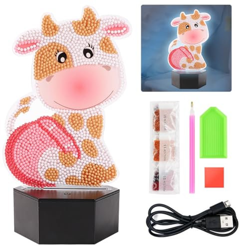 O-Kinee Diamond Painting Nachtlicht Basteln,Kuh Diamantmalerei Lampe LED 7 Farben,Kreative DIY Nachtlicht Bastelset für 6-12 Jahre Kinder Geburtstagsgeschenk,Weihnachtsgeschenke,Urlaub Geschenk
