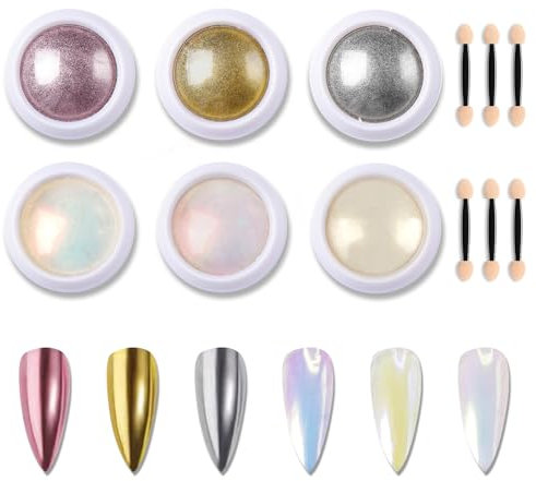 6 Colors Chrome Nail Powder - White Mermaid Pearl Powder - Silver Rose Gold nail Chrome powders Mirror Effect - Iridescent Nail Pigment powder - Glazed Donut Nail Art for Gel Nails