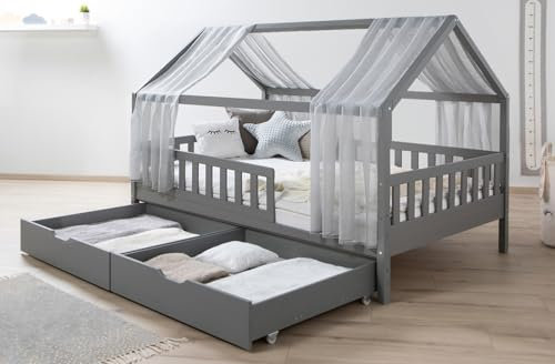 TiCAA Hausbett mit Tüll Kim 90x200 cm, 100x200 cm, 120x200 cm, 140x200 cm für Jungen & Mädchen, inkl. Rolllattenrost, Schubkasten und Rausfallschutz variabel, Hellgrau aus Kiefer Massivholz
