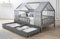 TiCAA Hausbett mit Tüll Kim 90x200 cm, 100x200 cm, 120x200 cm, 140x200 cm für Jungen & Mädchen, inkl. Rolllattenrost, Schubkasten und Rausfallschutz variabel, Hellgrau aus Kiefer Massivholz